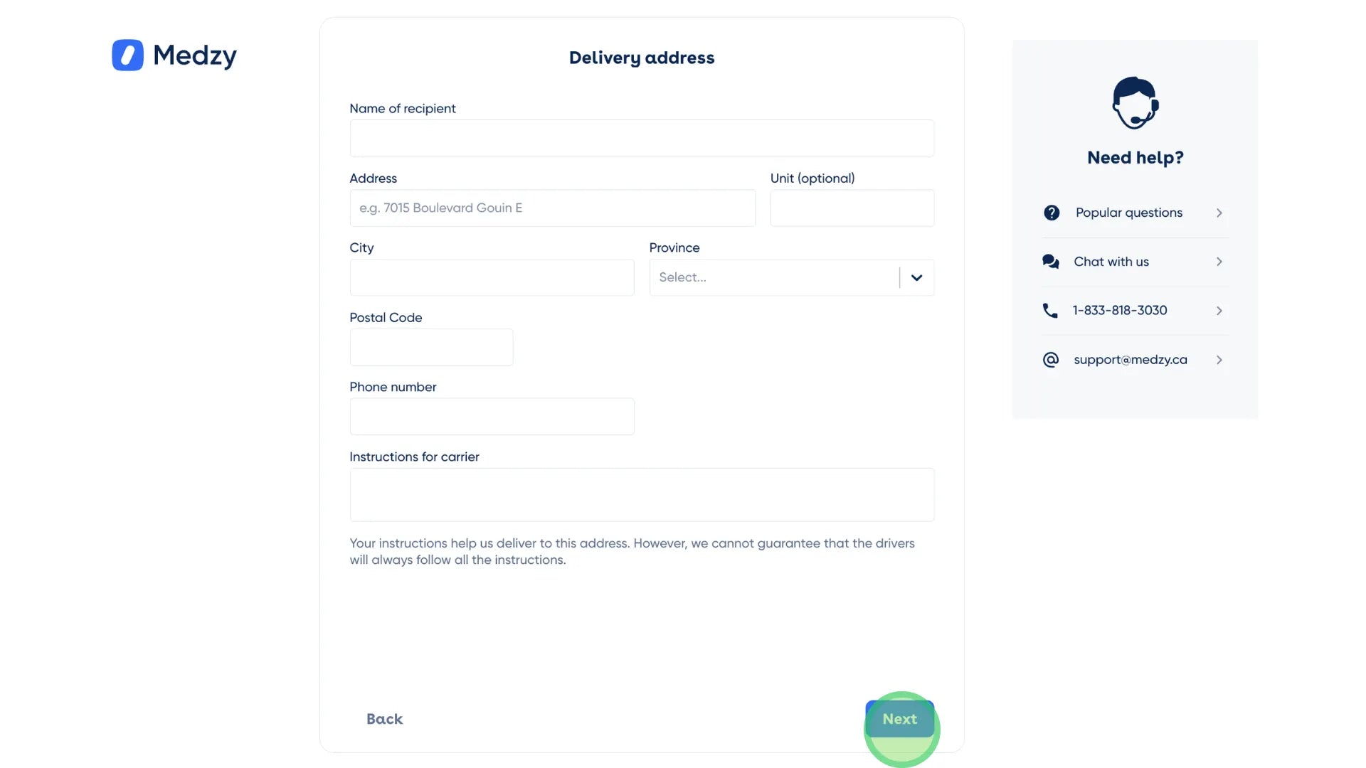 <p>Add your delivery address, then click “Next”.</p>
