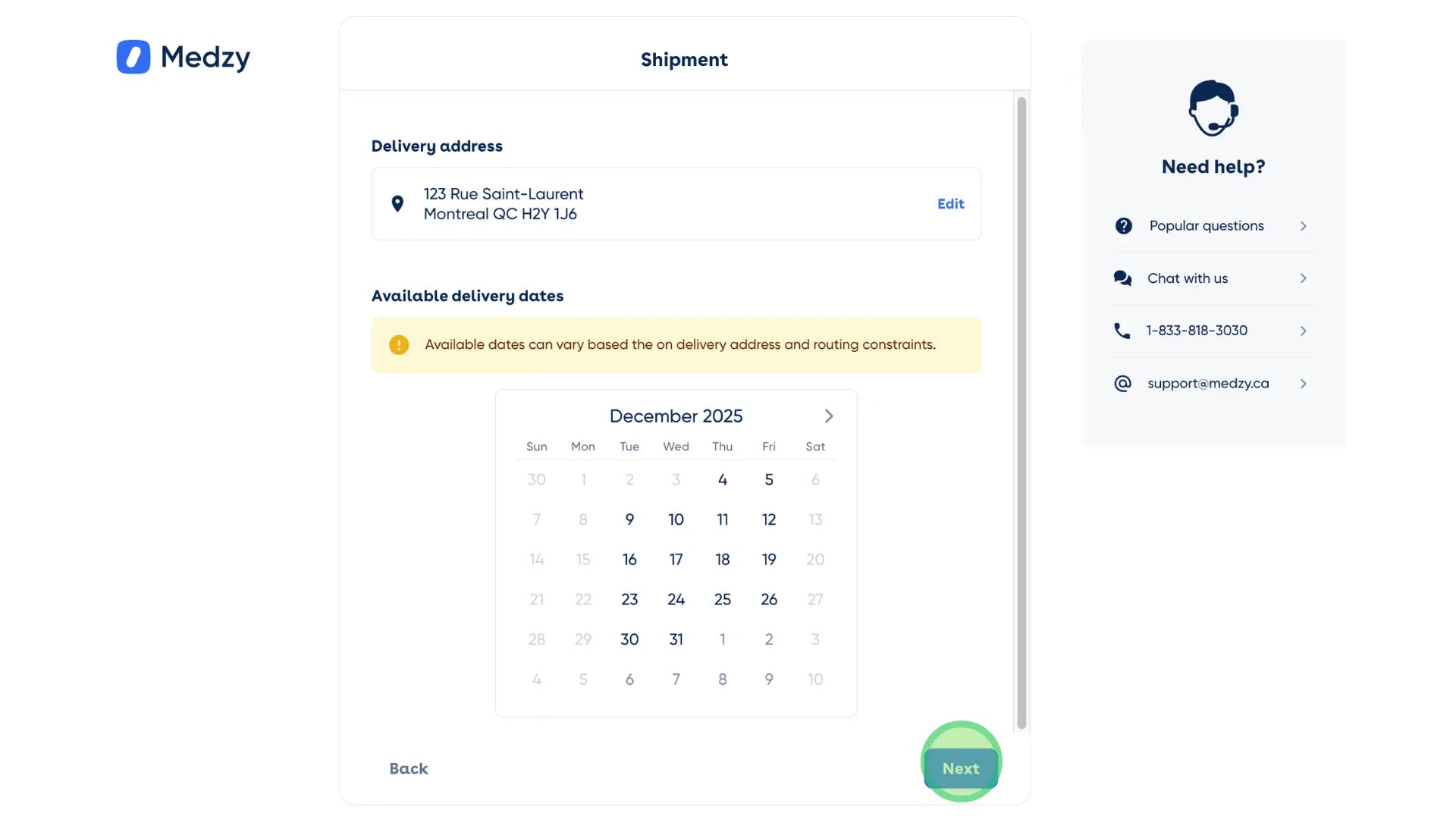 <p>Choose an available delivery date that works for you, then click “Next”.</p>