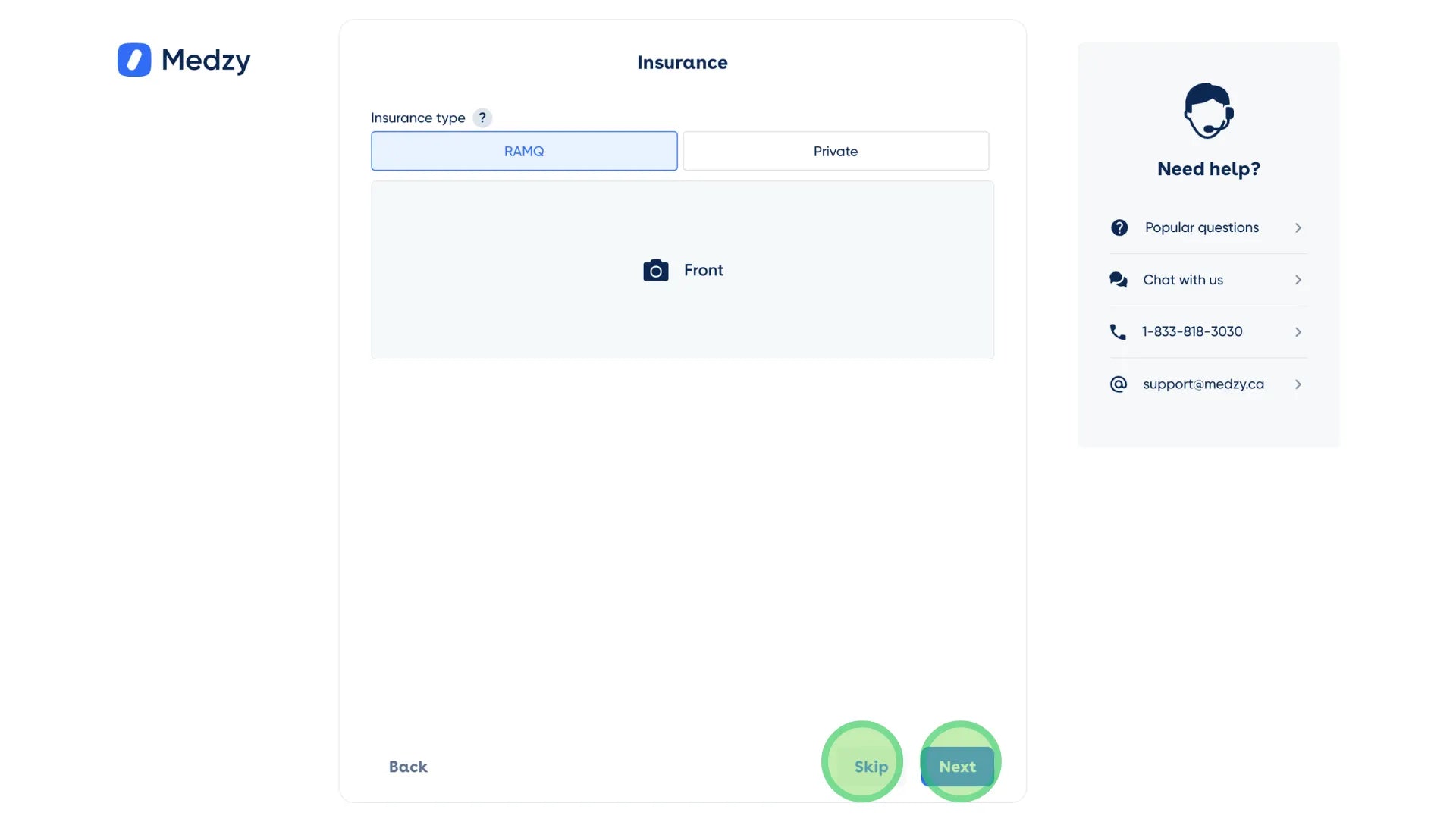 <p>If you have insurance, attach a photo of it, and click “Next”. If you do not have insurance, click “Skip”.</p>