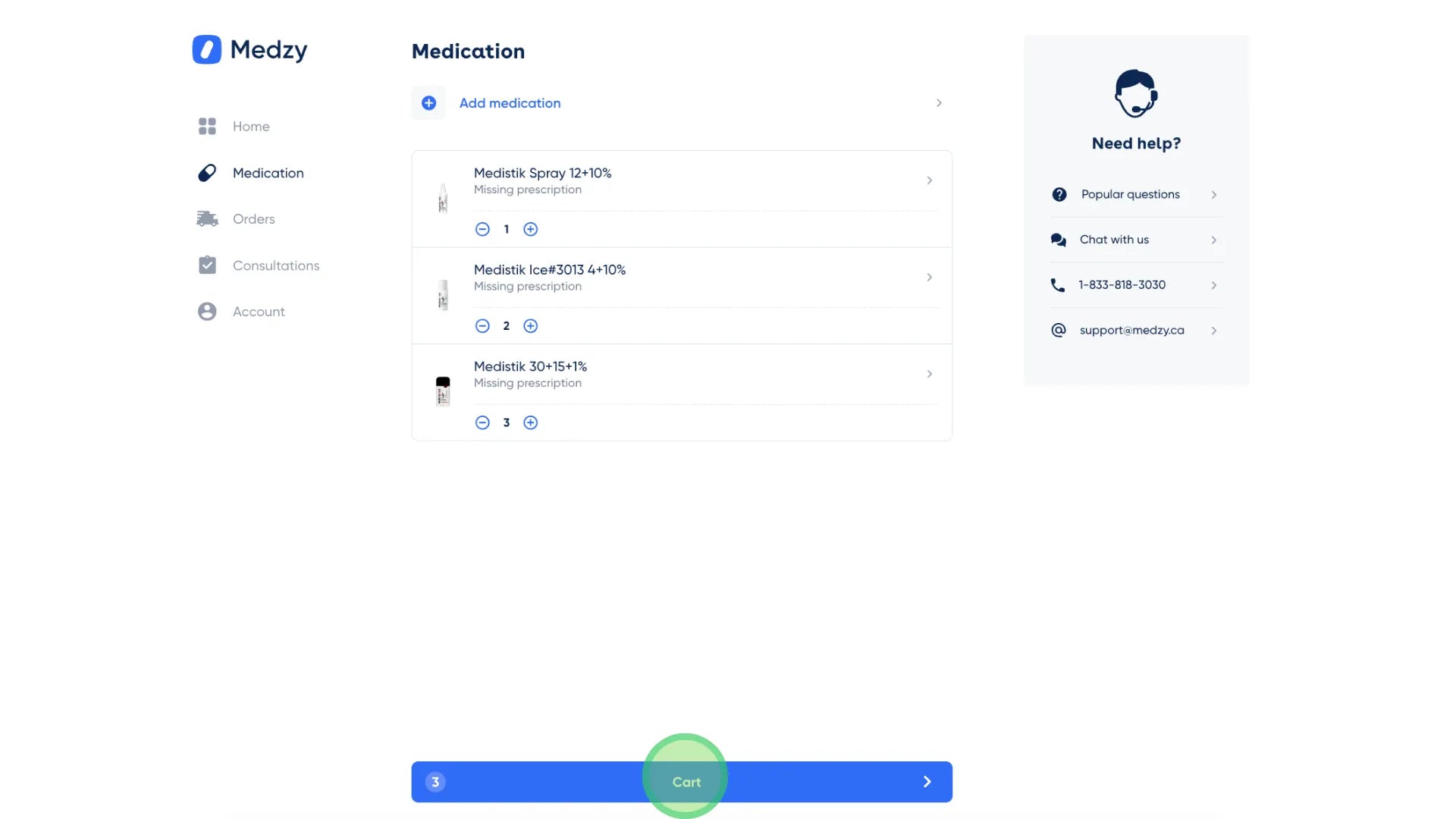 <p>Once you have added the products you want to order, click “Cart”.</p>