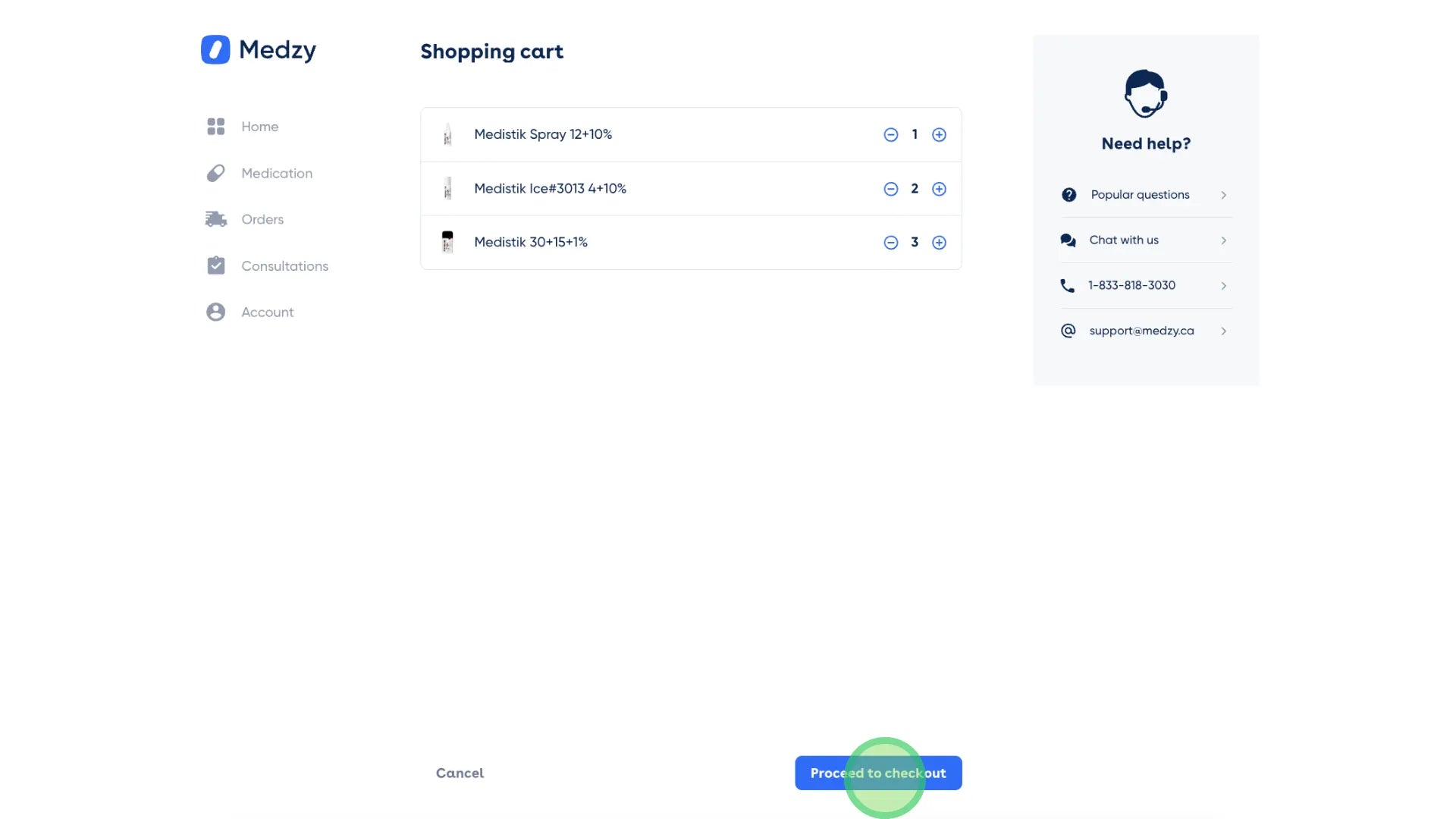<p>Review your cart, then click “Proceed to Checkout”.</p>