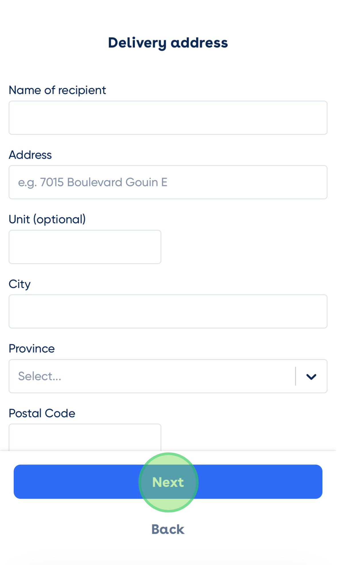 <p>Add your delivery address, then click “Next”.</p>