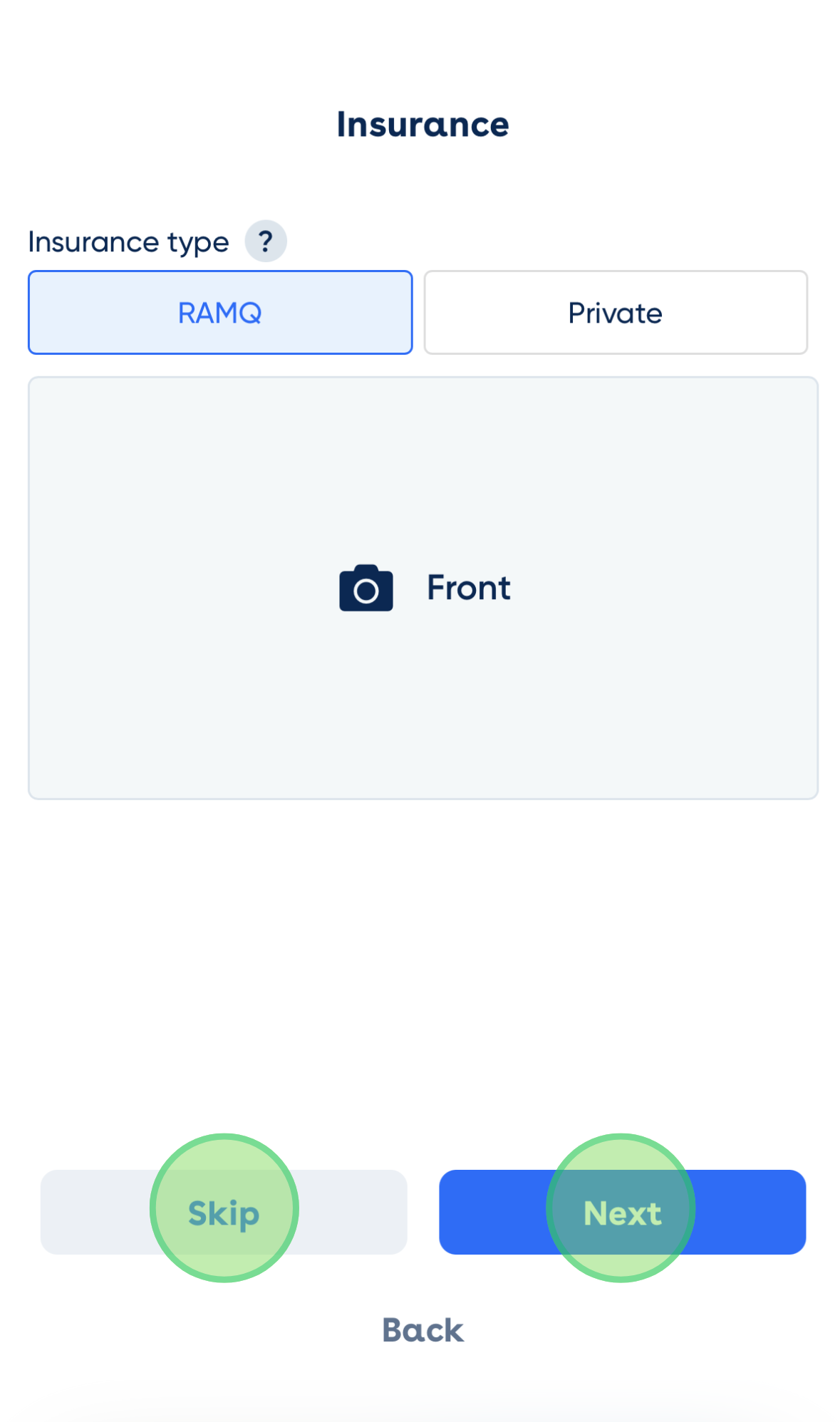 <p>If you have insurance, attach a photo of it, and click “Next”. If you do not have insurance, click “Skip”.</p>