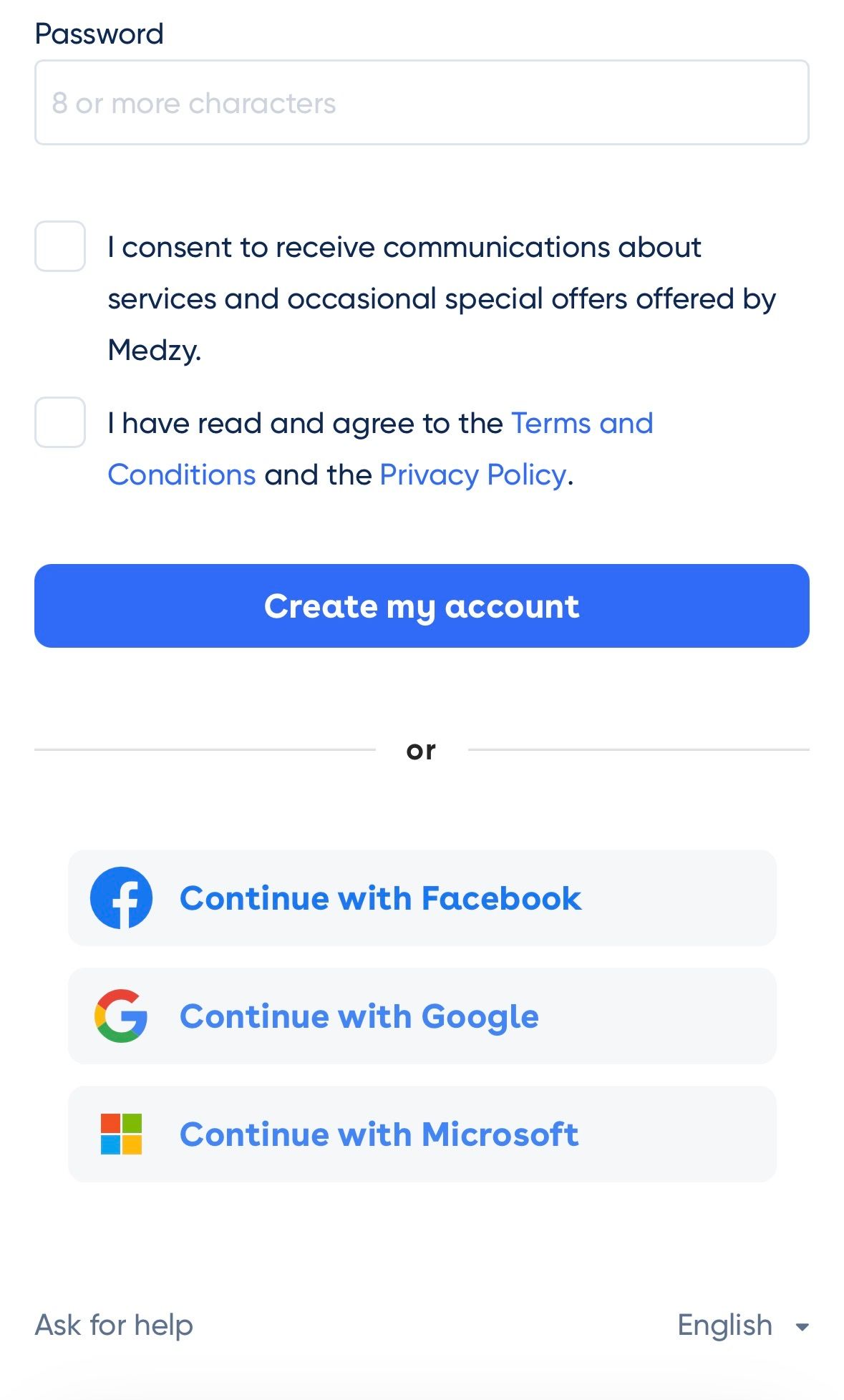 <p>Create your account using your email, or sign up with your Facebook, Google, or Microsoft account. Accept the terms and conditions.</p>