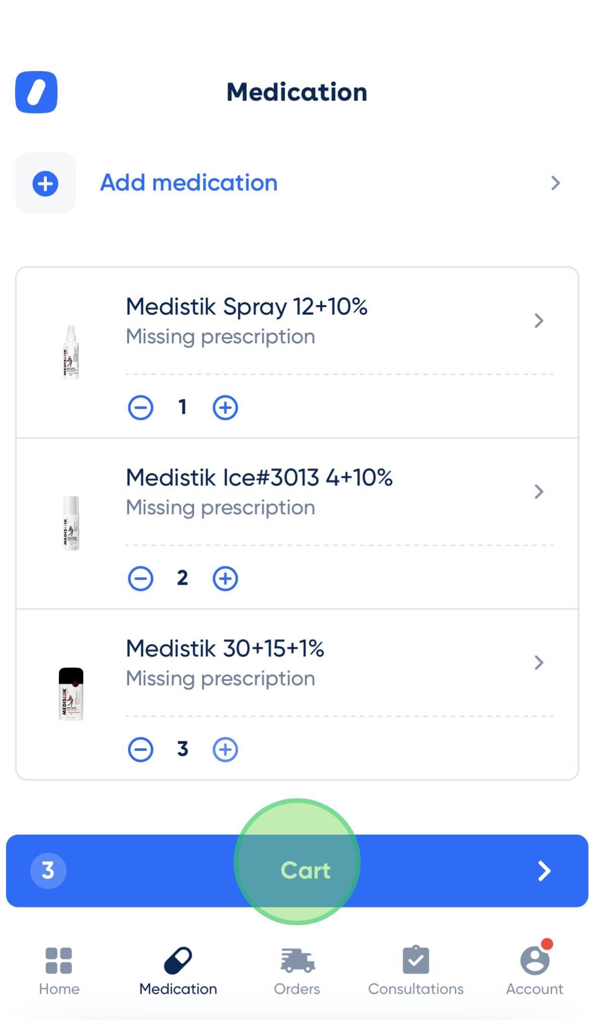 <p>Once you have added the products you want to order, click “Cart”.</p>