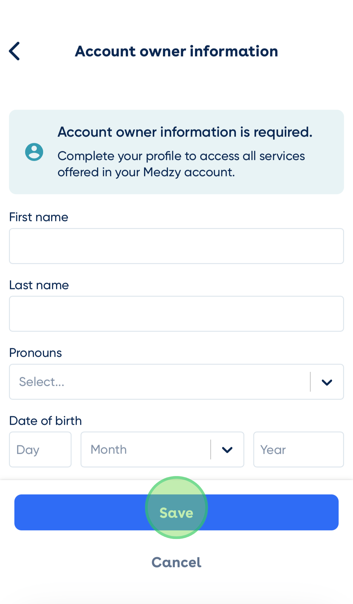 <p>Enter your account owner information, then click “Save”.</p>