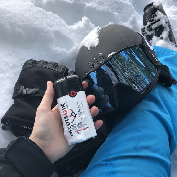 The Power Stick with a ski helmet and goggles